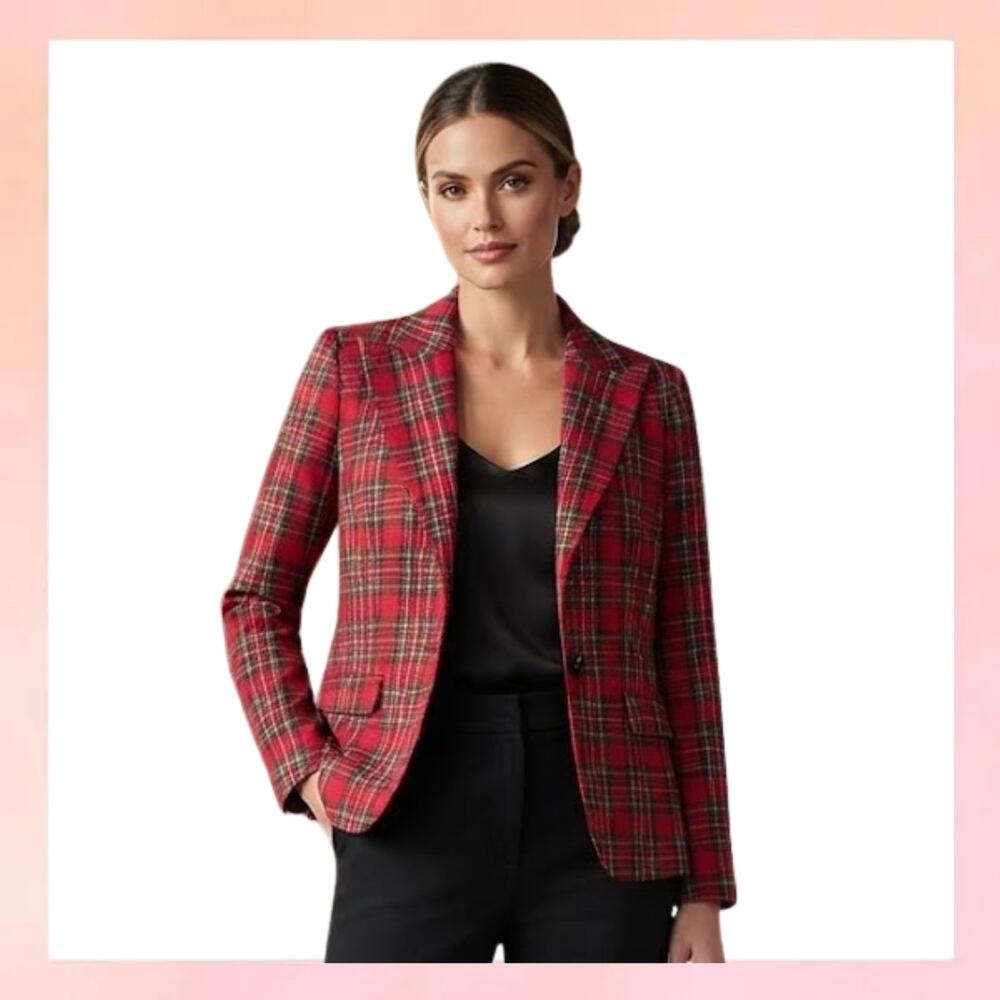 Studio Park Red Tartan Plaid Single Button Blazer Jacket XXS